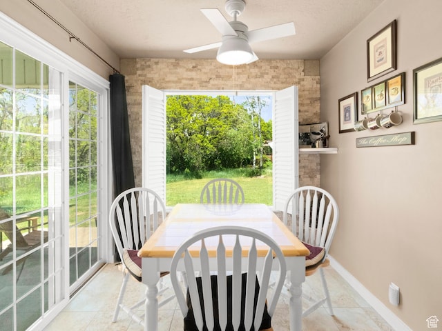3677 N Willowbrook Ln, Eden, UT 84310 - dining space featuring a ceiling fan, a textured ceiling, and baseboards