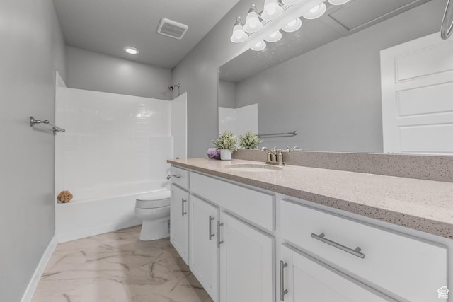 full bathroom featuring vanity, toilet, marble finish floor, visible vents, and baseboards