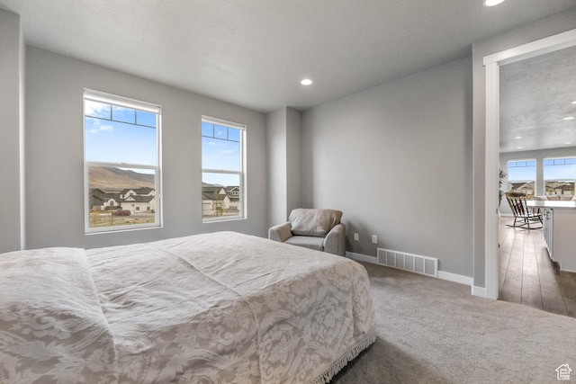 bedroom with visible vents, recessed lighting, baseboards, and carpet floors