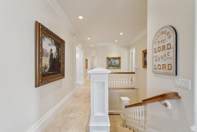 1714 Ridge Point Dr, Bountiful, UT 84010 - hallway with ornamental molding, recessed lighting, an upstairs landing, and baseboards
