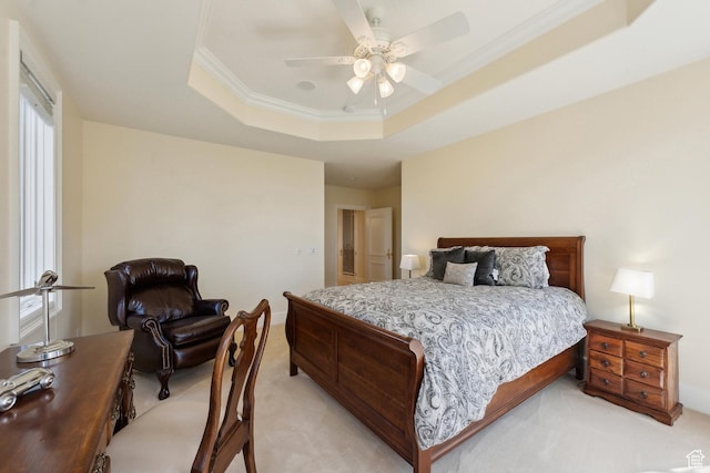 1714 Ridge Point Dr, Bountiful, UT 84010 - bedroom featuring a raised ceiling, crown molding, a ceiling fan, and light carpet