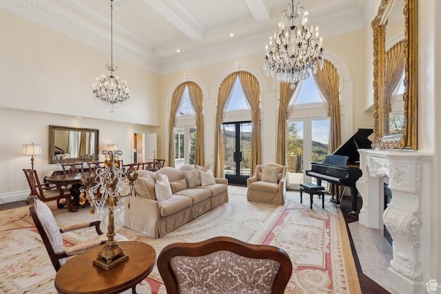 1714 Ridge Point Dr, Bountiful, UT 84010 - living area featuring ornamental molding, a notable chandelier, and a high ceiling