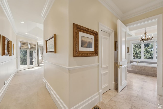1714 Ridge Point Dr, Bountiful, UT 84010 - corridor featuring french doors, plenty of natural light, crown molding, and a notable chandelier