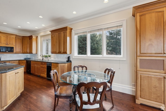 1714 Ridge Point Dr, Bountiful, UT 84010 - kitchen with decorative backsplash, a sink, black appliances, dark wood-style flooring, and ornamental molding