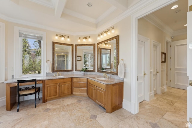 1714 Ridge Point Dr, Bountiful, UT 84010 - bathroom featuring ornamental molding, a sink, and beam ceiling