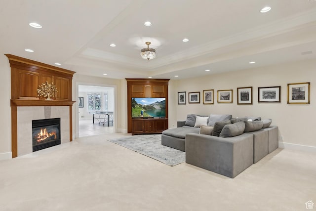 1714 Ridge Point Dr, Bountiful, UT 84010 - living room featuring recessed lighting, light carpet, and crown molding