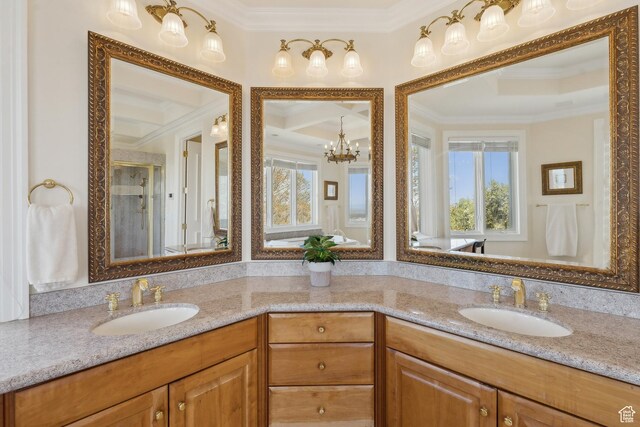 1714 Ridge Point Dr, Bountiful, UT 84010 - bathroom featuring ornamental molding, a sink, and a wealth of natural light