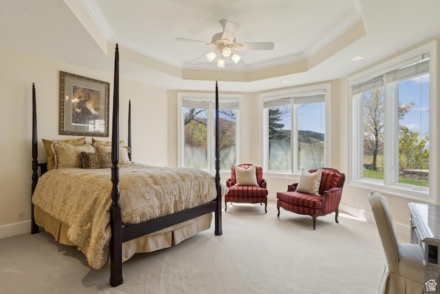 1714 Ridge Point Dr, Bountiful, UT 84010 - bedroom with ornamental molding, light carpet, multiple windows, and a tray ceiling