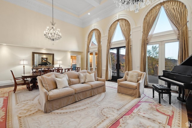 1714 Ridge Point Dr, Bountiful, UT 84010 - living area featuring a healthy amount of sunlight, an inviting chandelier, and a high ceiling