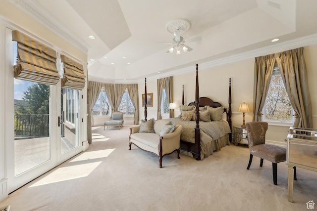 1714 Ridge Point Dr, Bountiful, UT 84010 - bedroom featuring light colored carpet, a raised ceiling, recessed lighting, ornamental molding, and access to outside