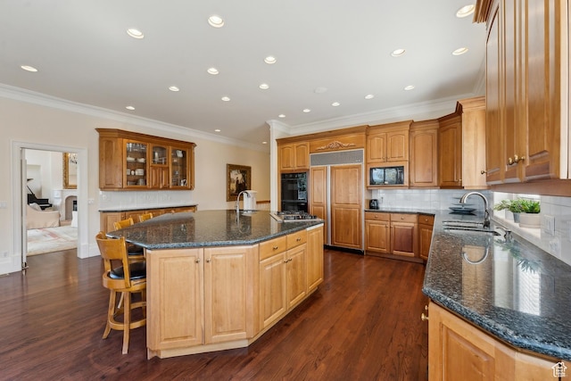 1714 Ridge Point Dr, Bountiful, UT 84010 - kitchen with black appliances, dark wood-style flooring, crown molding, and a sink