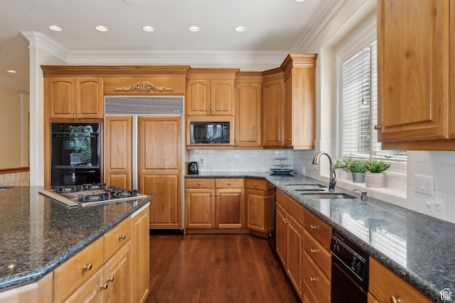 1714 Ridge Point Dr, Bountiful, UT 84010 - kitchen featuring dark stone countertops, black appliances, ornamental molding, a sink, and dark wood-style floors