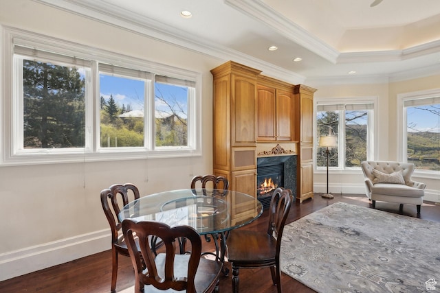 1714 Ridge Point Dr, Bountiful, UT 84010 - dining space featuring a fireplace, crown molding, dark wood finished floors, and baseboards