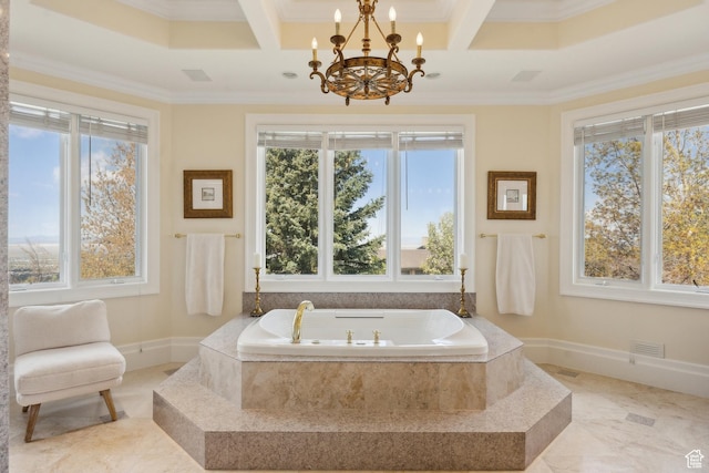 1714 Ridge Point Dr, Bountiful, UT 84010 - full bathroom with a chandelier, a bath, coffered ceiling, and crown molding