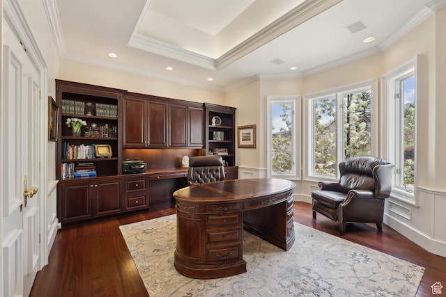 1714 Ridge Point Dr, Bountiful, UT 84010 - home office with built in desk, dark wood-style flooring, ornamental molding, and visible vents