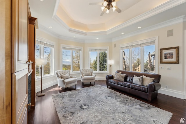 1714 Ridge Point Dr, Bountiful, UT 84010 - living area featuring crown molding, dark wood-style floors, ceiling fan, and baseboards