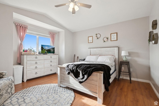 472 W 330 S, American Fork, UT 84003 - bedroom featuring baseboards, wood finished floors, a ceiling fan, and vaulted ceiling
