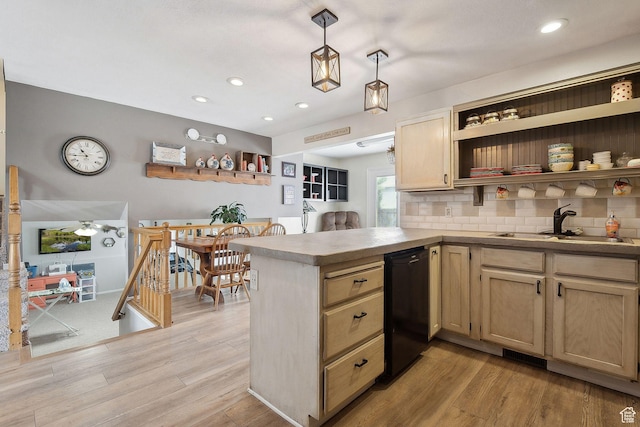 472 W 330 S, American Fork, UT 84003 - kitchen with open shelves, dishwasher, light wood finished floors, a sink, and a peninsula