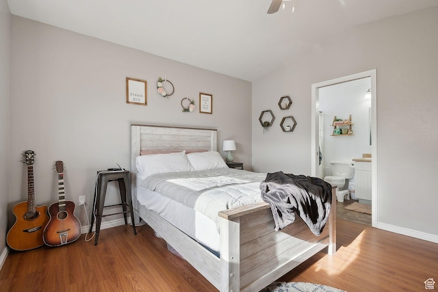 472 W 330 S, American Fork, UT 84003 - bedroom featuring a ceiling fan, vaulted ceiling, baseboards, wood finished floors, and ensuite bathroom