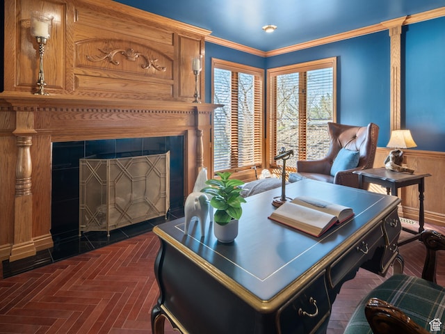 4120 S Beus Dr E, Ogden, UT 84403 - home office with crown molding, wainscoting, and a fireplace
