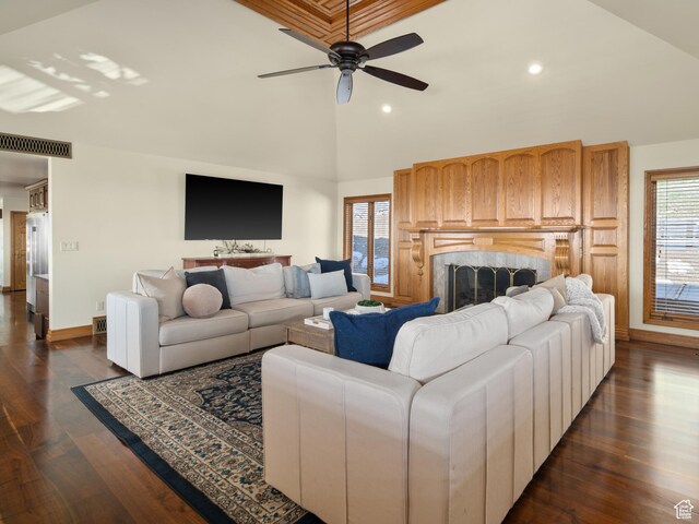 4120 S Beus Dr E, Ogden, UT 84403 - living area featuring recessed lighting, a fireplace, ceiling fan, visible vents, and vaulted ceiling