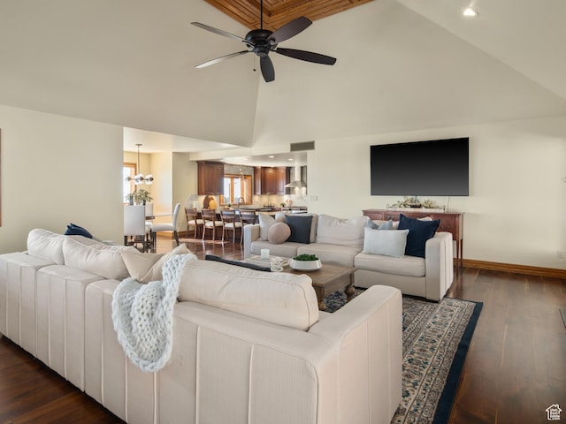 4120 S Beus Dr E, Ogden, UT 84403 - living room with recessed lighting, high vaulted ceiling, dark wood-type flooring, baseboards, and ceiling fan with notable chandelier