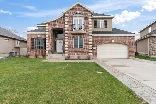 traditional home featuring driveway, cooling unit, a balcony, a front lawn, and brick siding