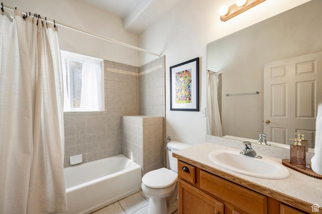 bathroom with toilet, vanity, shower / bathtub combination with curtain, and tile patterned floors