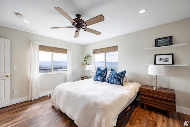 bedroom featuring recessed lighting, multiple windows, wood finished floors, and baseboards