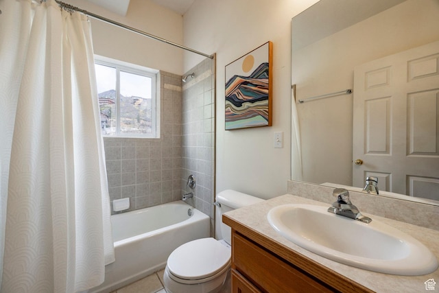 bathroom with shower / bath combo with shower curtain, toilet, and vanity