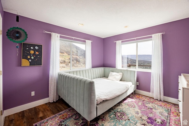 bedroom with wood finished floors, baseboards, and multiple windows