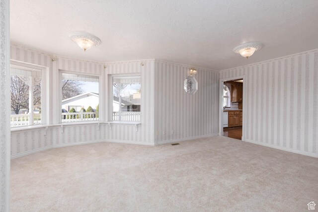 889 Upland Dr, Richfield, UT 84701 - unfurnished living room with a textured ceiling, carpet flooring, and wallpapered walls