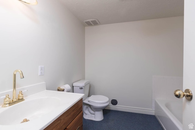 889 Upland Dr, Richfield, UT 84701 - full bathroom with vanity, a tub, toilet, visible vents, and a textured ceiling