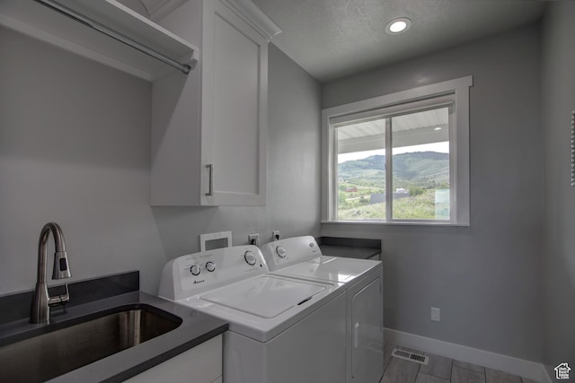 728 Loveland Ln, Fish Haven, ID 83287 - laundry area featuring a sink, cabinet space, washing machine and dryer, visible vents, and baseboards