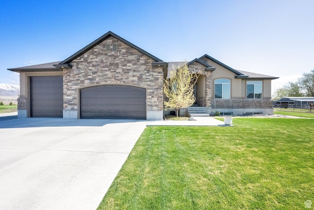 french country style house with driveway, a front lawn, and an attached garage