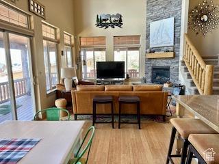 620 W Cisco Run Run, Garden City, UT 84028 - living area with a high ceiling, stairs, wood finished floors, and a stone fireplace