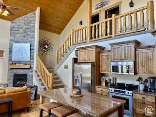 620 W Cisco Run Run, Garden City, UT 84028 - kitchen with wood ceiling, stainless steel appliances, a stone fireplace, high vaulted ceiling, and a ceiling fan