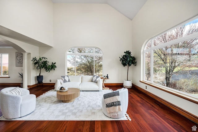 1910 E Canyon Ridge Dr, North Logan, UT 84341 - living area with high vaulted ceiling, arched walkways, ornate columns, and wood finished floors