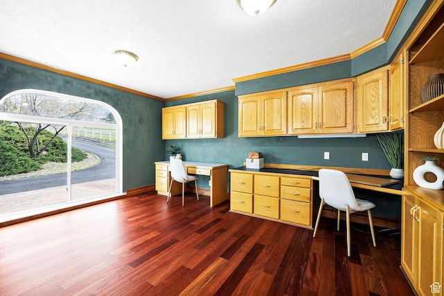 1910 E Canyon Ridge Dr, North Logan, UT 84341 - office area featuring baseboards, ornamental molding, dark wood finished floors, and built in study area
