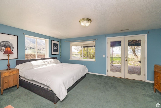 1910 E Canyon Ridge Dr, North Logan, UT 84341 - carpeted bedroom with access to outside, baseboards, visible vents, a textured ceiling, and french doors