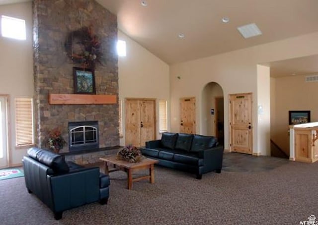 3634 N Huntsman Path Unit C201, Eden, UT 84310 - living room featuring carpet flooring, a wealth of natural light, high vaulted ceiling, and a fireplace