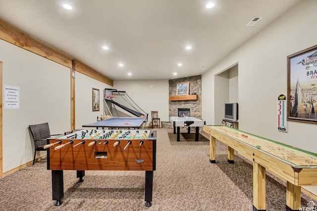3634 N Huntsman Path Unit C201, Eden, UT 84310 - recreation room with visible vents, recessed lighting, carpet flooring, and a stone fireplace