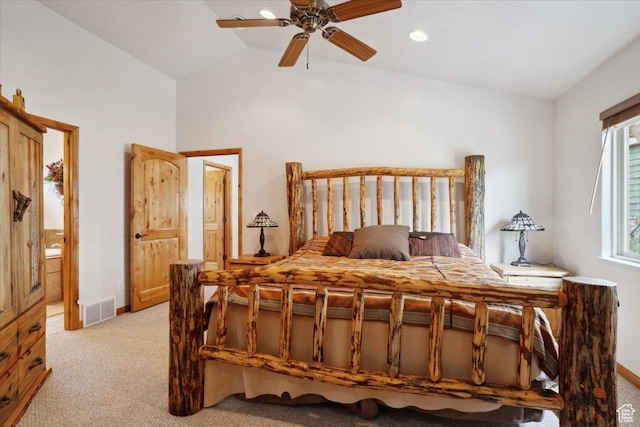3634 N Huntsman Path Unit C201, Eden, UT 84310 - bedroom with light colored carpet, baseboards, visible vents, a ceiling fan, and high vaulted ceiling
