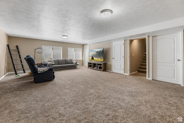 5454 N Windsor Way E, Stansbury Park, UT 84074 - living area with a textured ceiling, carpet, and stairs