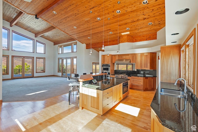 152 N Silver Oak Rd, Salt Lake City, UT 84108 - kitchen with a kitchen island with sink, a sink, wooden ceiling, light wood-style floors, and high vaulted ceiling