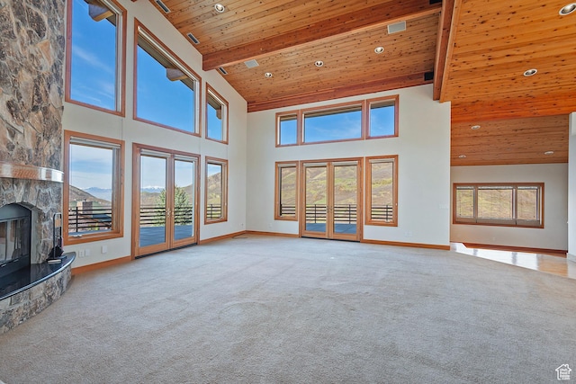 152 N Silver Oak Rd, Salt Lake City, UT 84108 - unfurnished living room with high vaulted ceiling, wooden ceiling, carpet floors, and baseboards