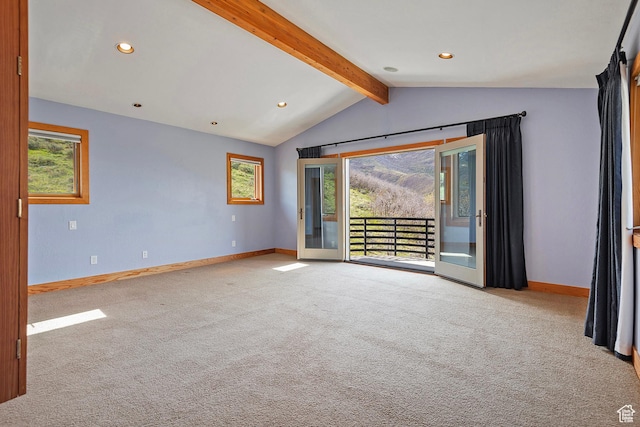 152 N Silver Oak Rd, Salt Lake City, UT 84108 - spare room featuring baseboards, recessed lighting, lofted ceiling with beams, and carpet
