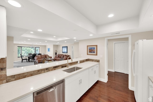171 E 3rd Ave Unit 301, Salt Lake City, UT 84103 - kitchen featuring stainless steel dishwasher, freestanding refrigerator, a sink, visible vents, and a raised ceiling