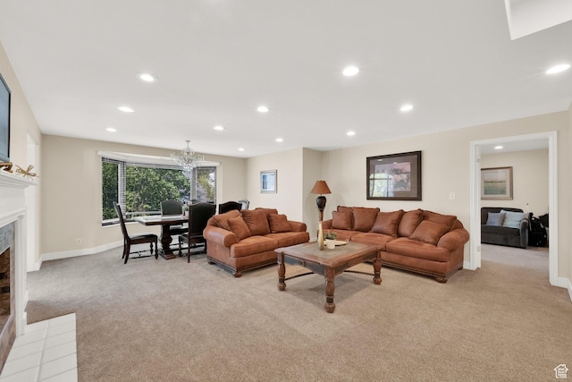 171 E 3rd Ave Unit 301, Salt Lake City, UT 84103 - living room with a fireplace with flush hearth, baseboards, recessed lighting, light carpet, and a notable chandelier