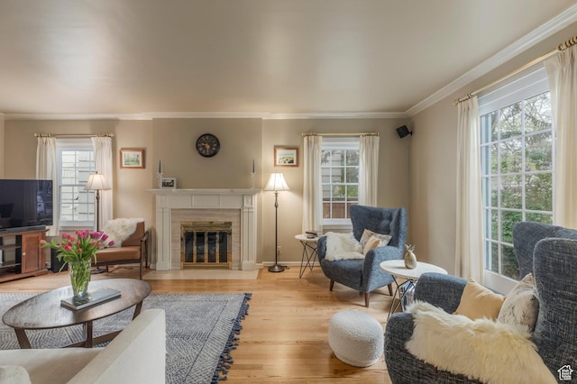 1280 E 3rd Ave N, Salt Lake City, UT 84103 - living area with a tiled fireplace, light wood-type flooring, ornamental molding, and a wealth of natural light